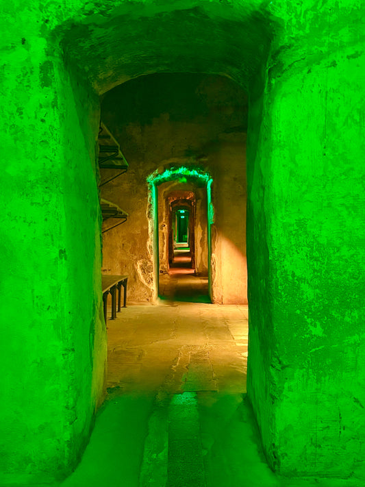 inside the bastion tunnels showing concrete walls and sleeping benches