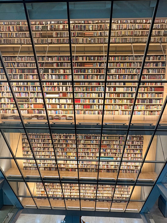 multi-story book shelves being glass windows