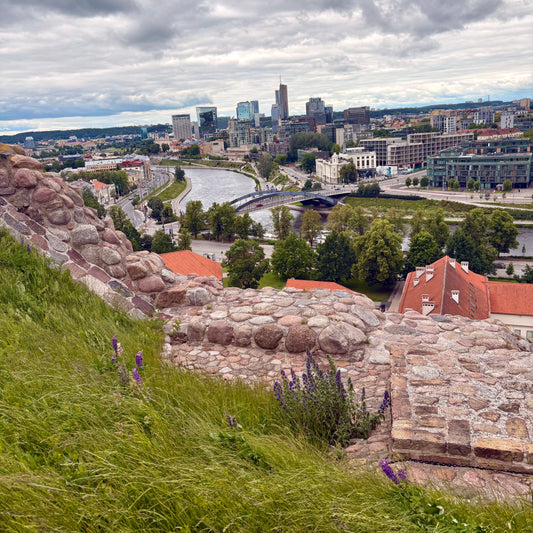 Sprawling city view atop a stone wall