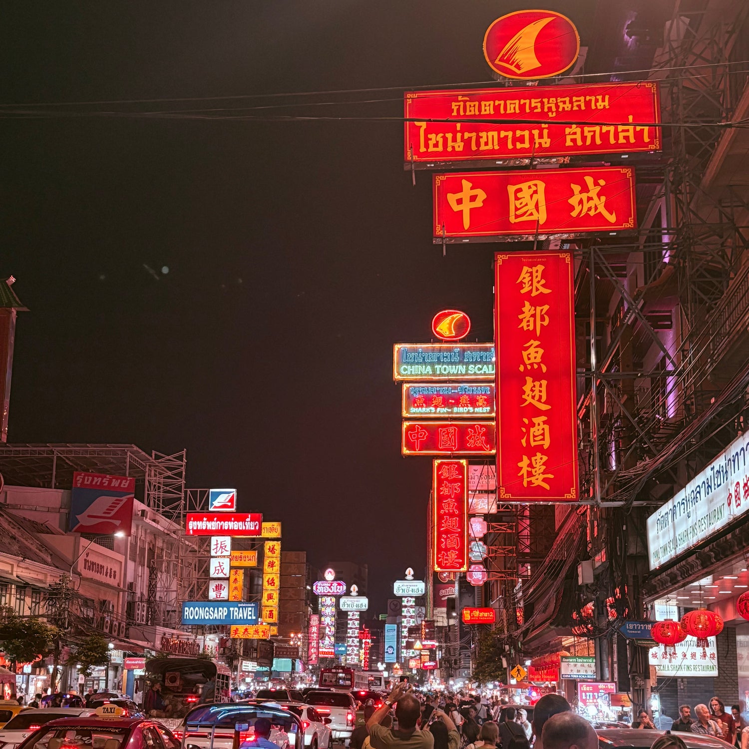 Neon signs in a busy street at night, likely in an Asian city.